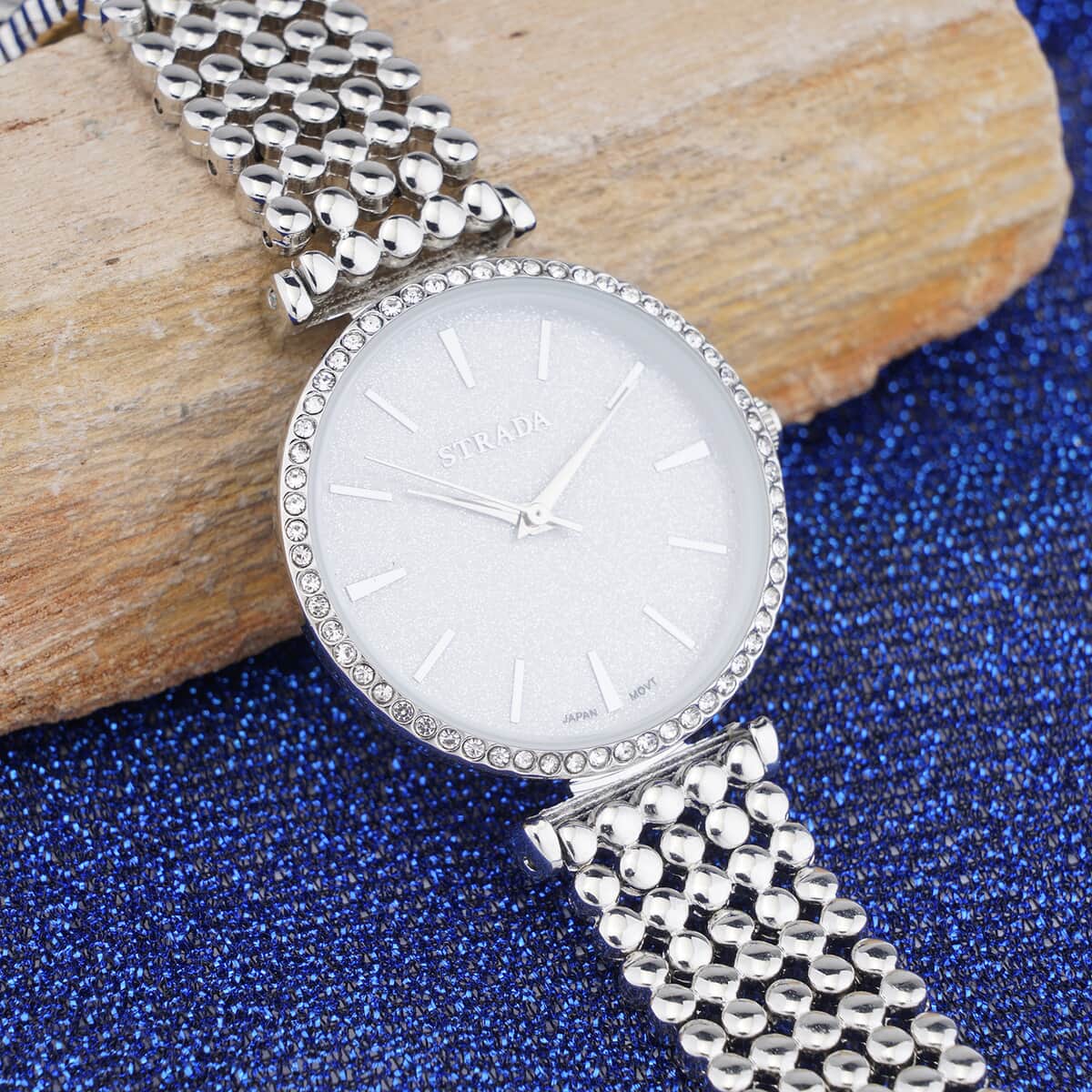 Strada White Austrian Crystal Japanese Movement Watch in Silvertone with Beaded Textured Strap image number 1