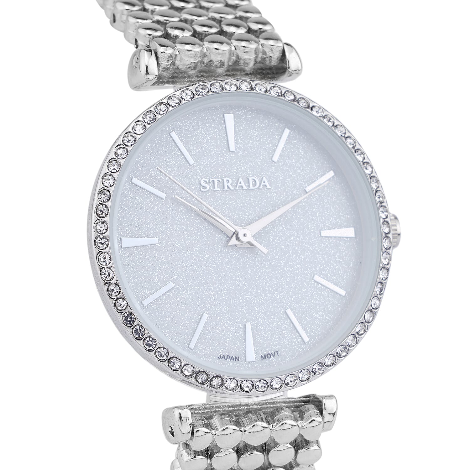 Strada White Austrian Crystal Japanese Movement Watch in Silvertone with Beaded Textured Strap