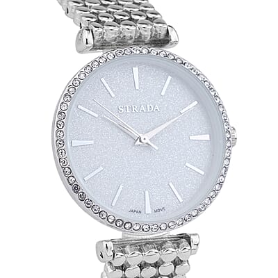 Strada White Austrian Crystal Japanese Movement Watch in Silvertone with Beaded Textured Strap
