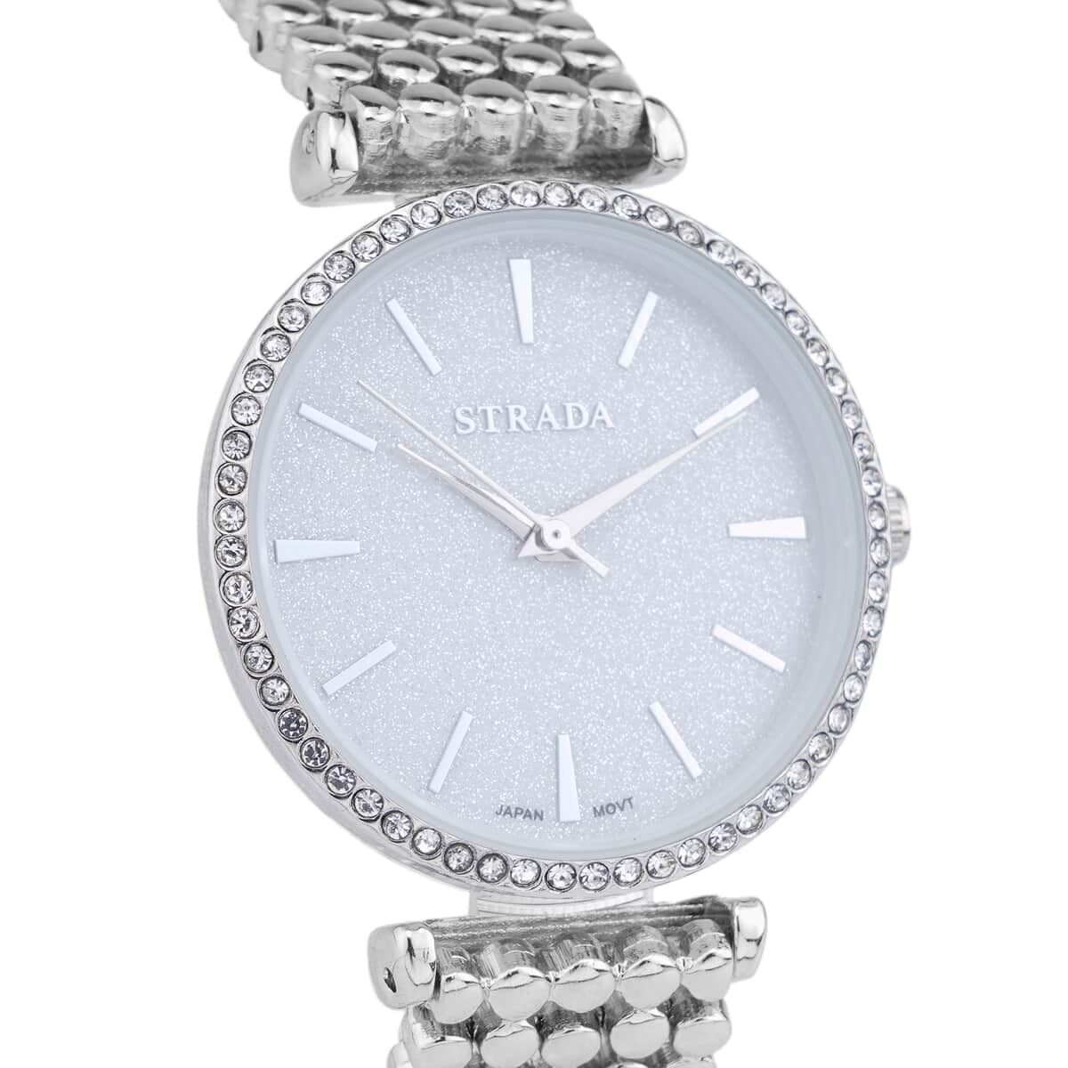 Strada White Austrian Crystal Japanese Movement Watch in Silvertone with Beaded Textured Strap image number 3