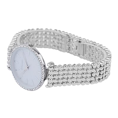 Strada White Austrian Crystal Japanese Movement Watch in Silvertone with Beaded Textured Strap