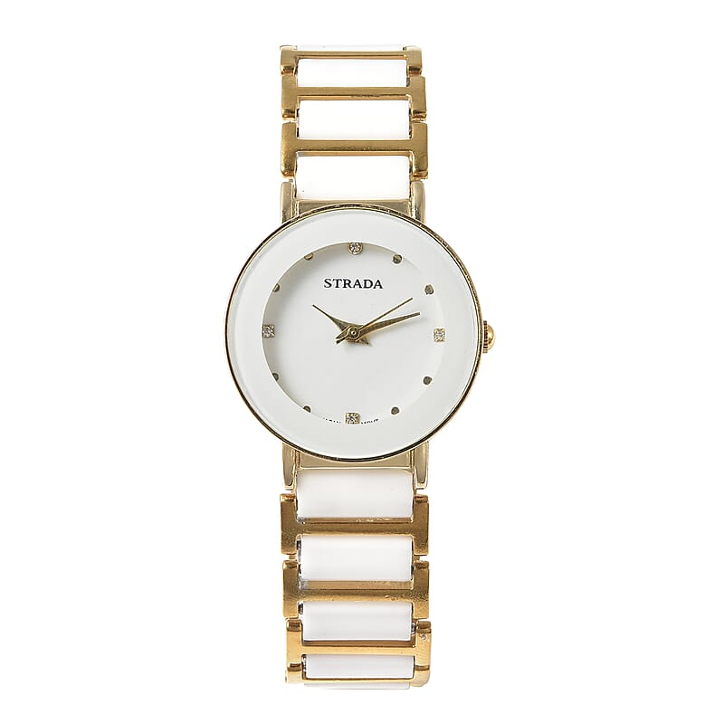 Strada White Austrian Crystal Japanese Movement Watch with White Ceramic Strap