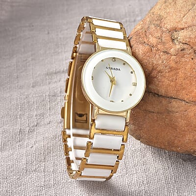 Strada White Austrian Crystal Japanese Movement Watch with White Ceramic Strap