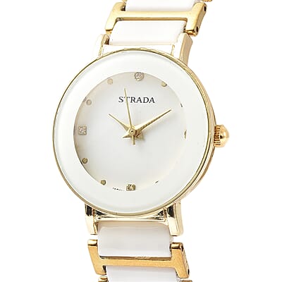 Strada White Austrian Crystal Japanese Movement Watch with White Ceramic Strap