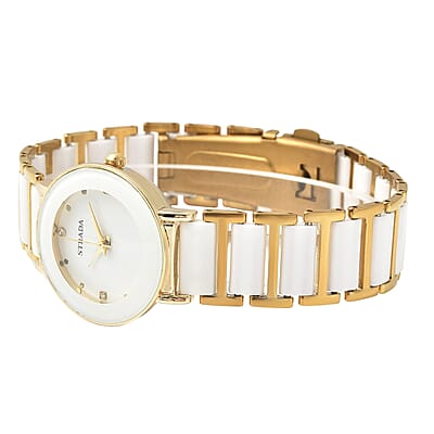Strada White Austrian Crystal Japanese Movement Watch with White Ceramic Strap