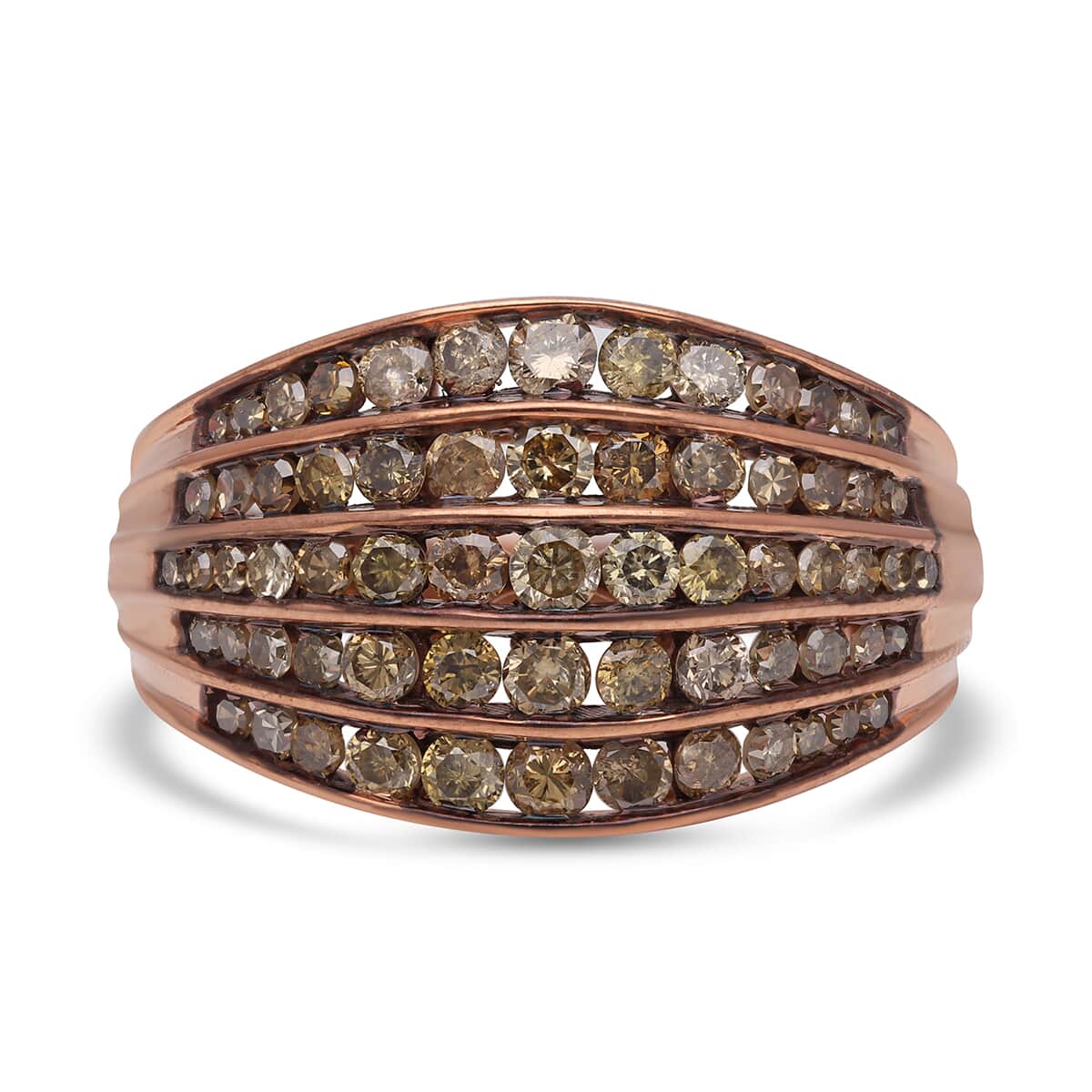 Natural Champagne Diamond Multi Row Band Ring in Rhodium and Vermeil Rose Gold Over Sterling Silver (Size 7.0) 1.50 ctw image number 0