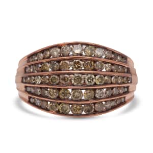 Natural Champagne Diamond Multi Row Band Ring in Rhodium and Vermeil Rose Gold Over Sterling Silver (Size 7.0) 1.50 ctw