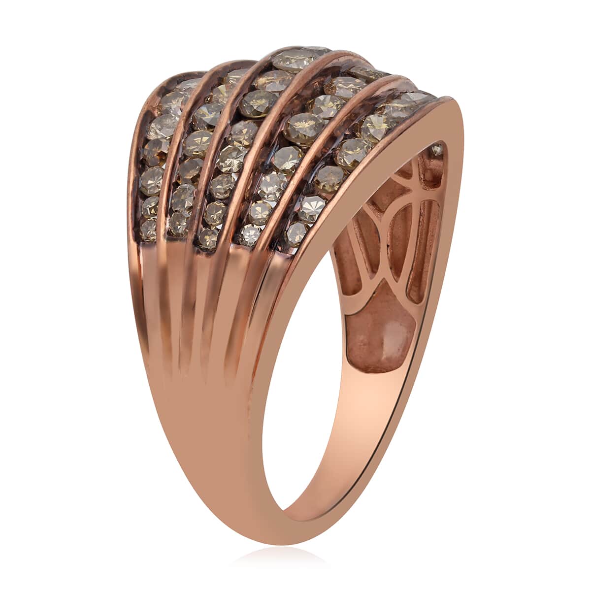 Natural Champagne Diamond Multi Row Band Ring in Rhodium and Vermeil Rose Gold Over Sterling Silver (Size 7.0) 1.50 ctw image number 3