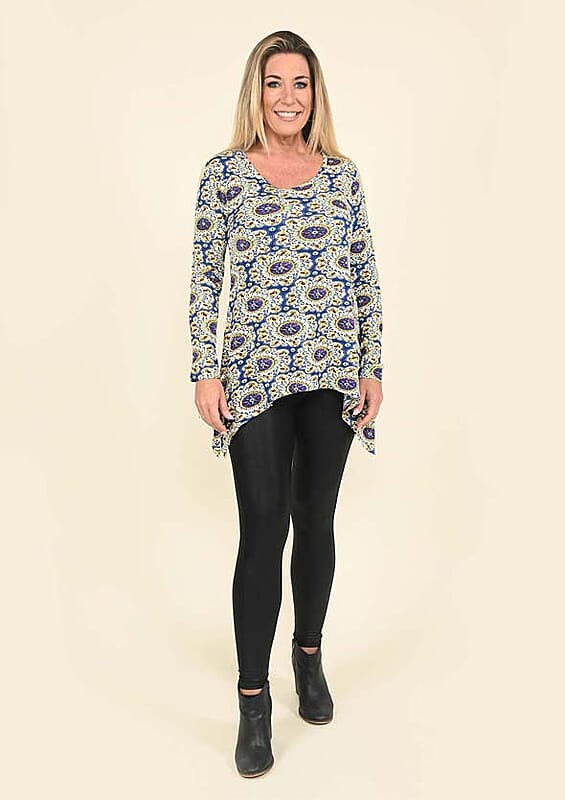 Tamsy Blue Printed Full Sleeves Flared Top - L