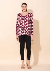 Tamsy Red Printed Full Sleeves Flared Top - M