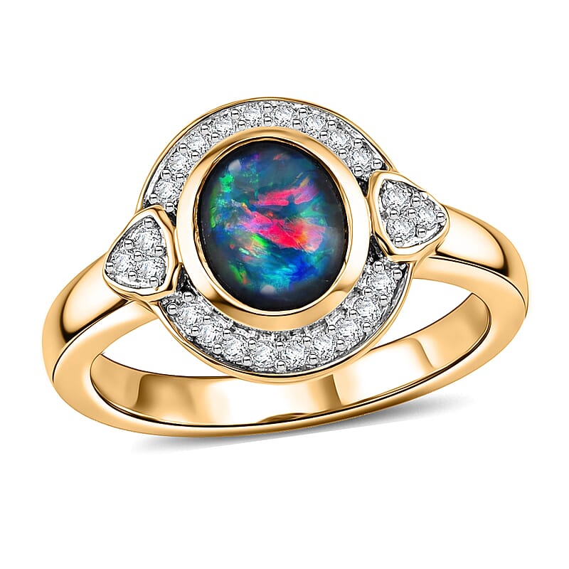 Boulder Opal Triplet, White Zircon 1.20 ctw Ring in 14K Gold Over Sterling Silver (Size 5.5)