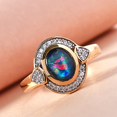 Boulder Opal Triplet, White Zircon 1.20 ctw Ring in 14K Gold Over Sterling Silver (Size 5.5)