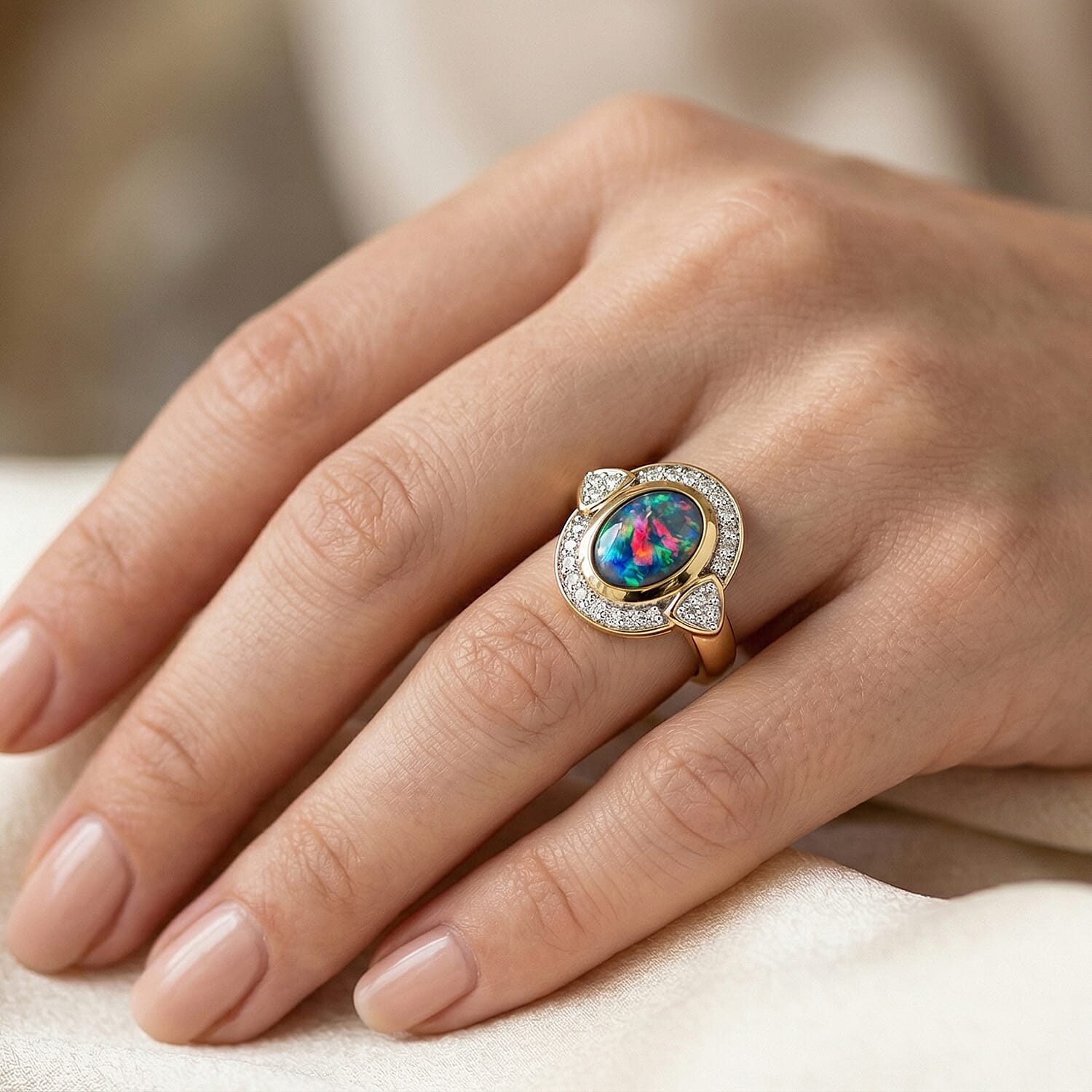 Boulder Opal Triplet, White Zircon 1.20 ctw Ring in 14K Gold Over Sterling Silver (Size 5.5)