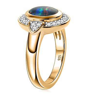 Boulder Opal Triplet, White Zircon 1.20 ctw Ring in 14K Gold Over Sterling Silver (Size 5.5)