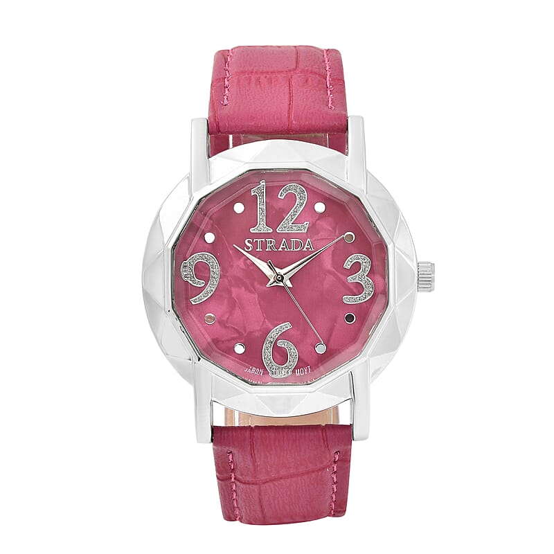Strada Japanese Movement Cut Glass Watch with Rose Red Vegan Leather Strap