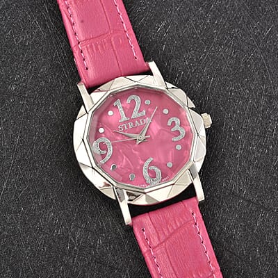 Strada Japanese Movement Cut Glass Watch with Rose Red Vegan Leather Strap