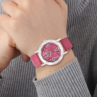 Strada Japanese Movement Cut Glass Watch with Rose Red Vegan Leather Strap