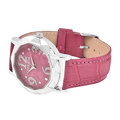 Strada Japanese Movement Cut Glass Watch with Rose Red Vegan Leather Strap