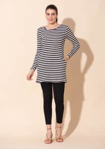 Tamsy Black Stripe Pattern Cotton Knitted Ladies Top - L