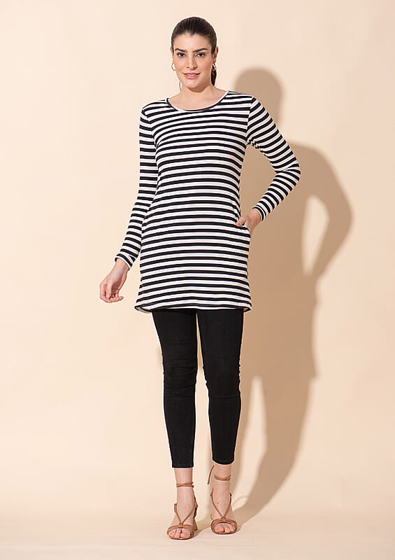 Tamsy Black Stripe Pattern Cotton Knitted Ladies Top - L