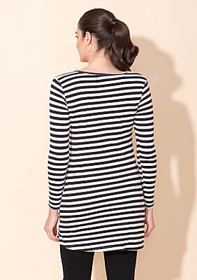 Tamsy Black Stripe Pattern Cotton Knitted Ladies Top - L