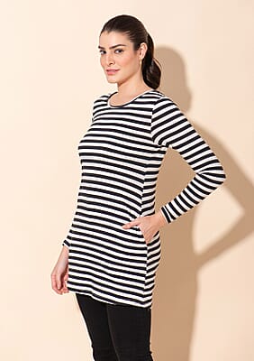 Tamsy Black Stripe Pattern Cotton Knitted Ladies Top - L