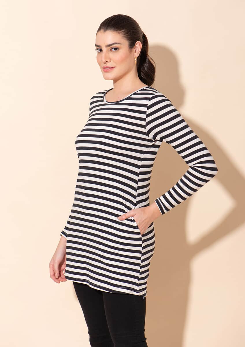 TAMSY Black Stripe Pattern Cotton and Lycra Knitted Ladies Top - L image number 3