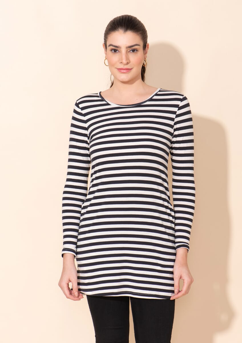Tamsy Black Stripe Pattern Cotton Knitted Ladies Top - S image number 2