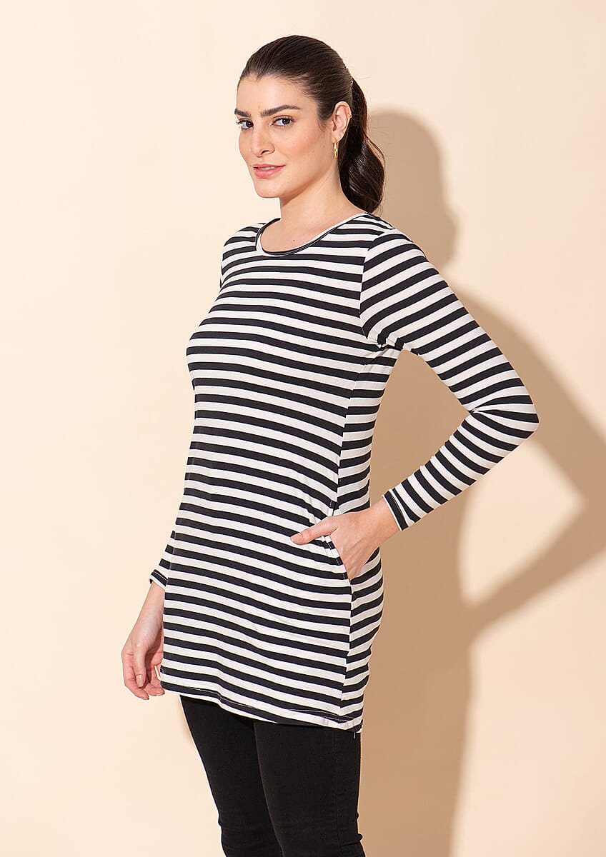 Tamsy Black Stripe Pattern Cotton Knitted Ladies Top - 2X image number 3