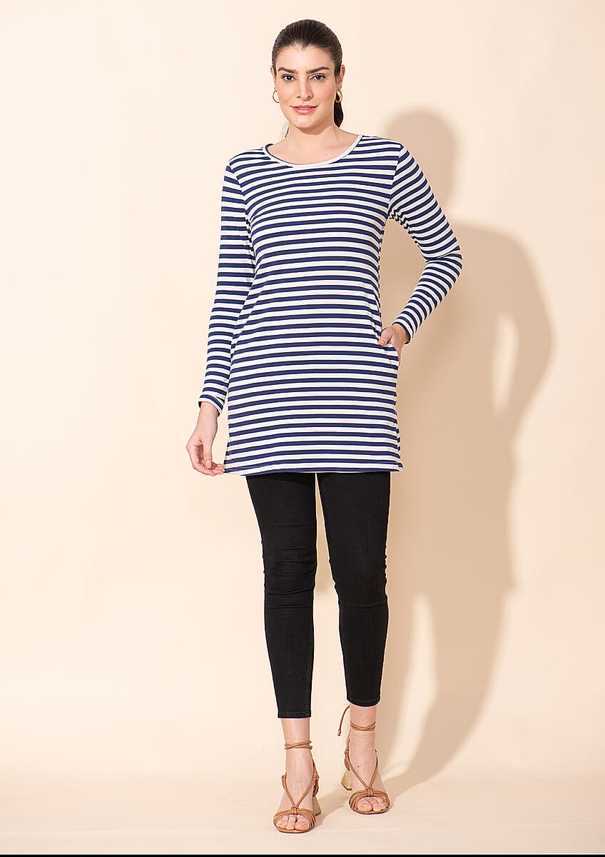 Tamsy Blue Stripe Pattern Cotton Knitted Ladies Top - 1X image number 0