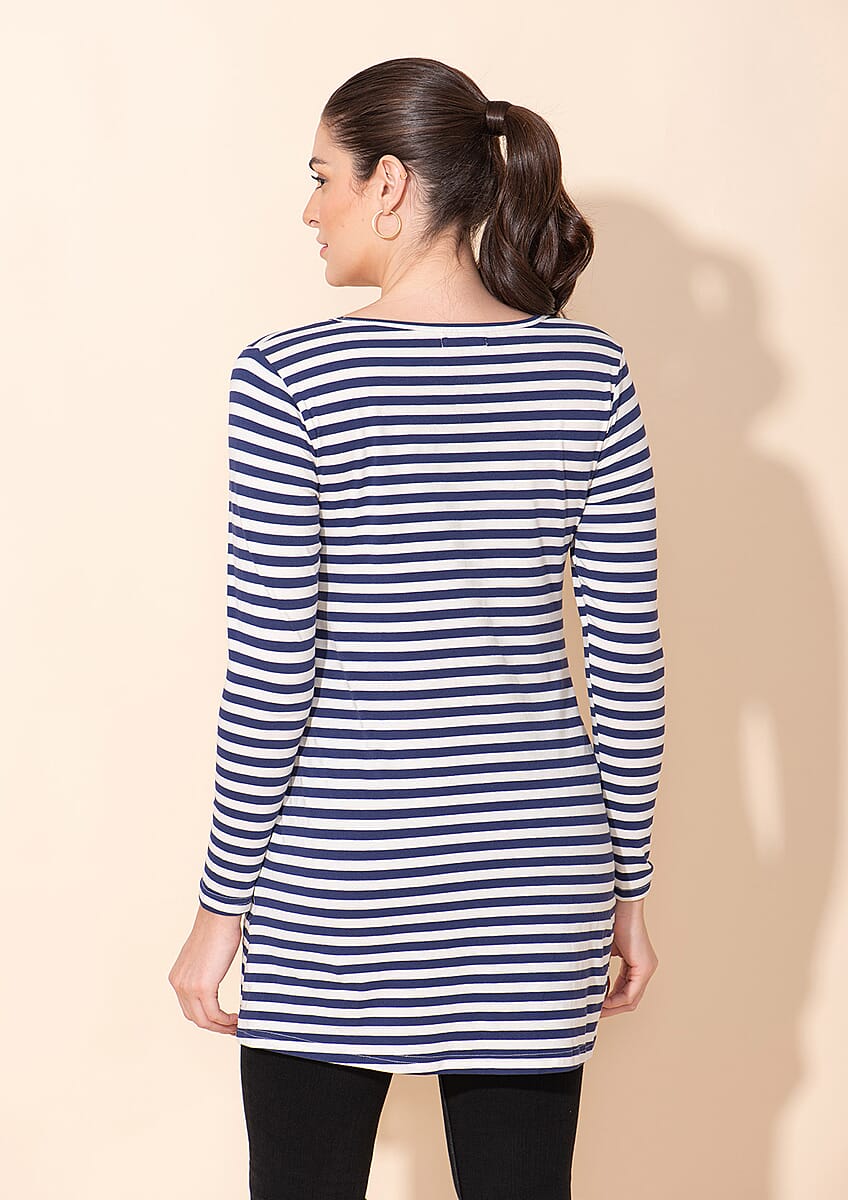 Tamsy Blue Stripe Pattern Cotton Knitted Ladies Top - 1X image number 1