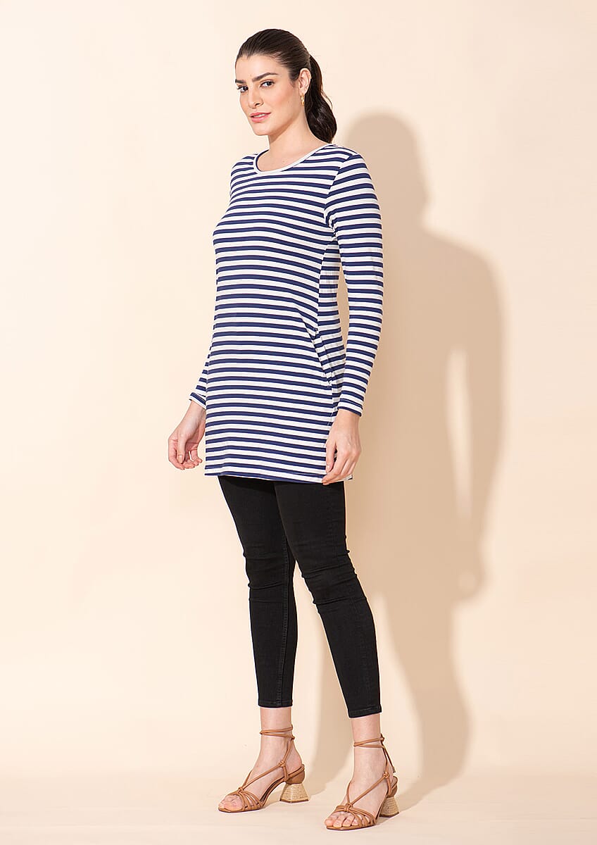 Tamsy Blue Stripe Pattern Cotton Knitted Ladies Top - 1X image number 2