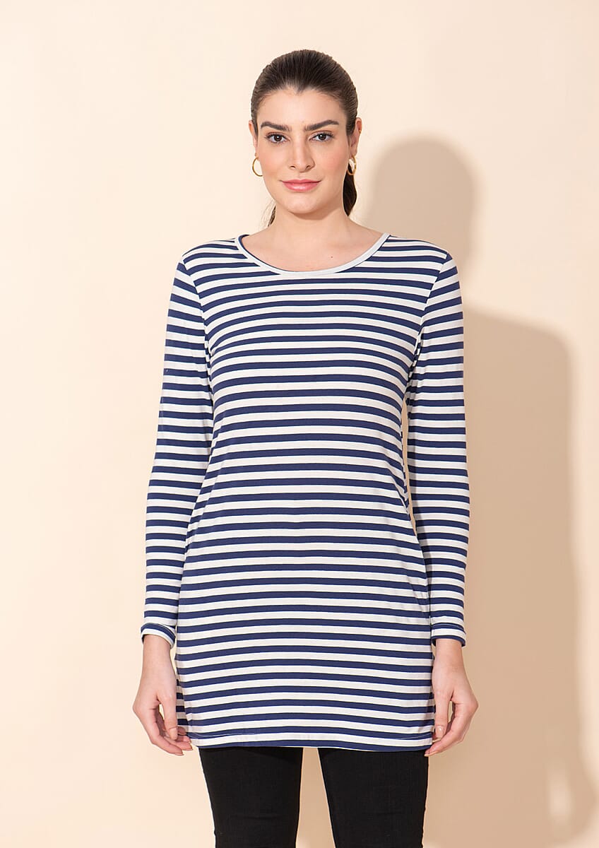 Tamsy Blue Stripe Pattern Cotton Knitted Ladies Top - 1X image number 3