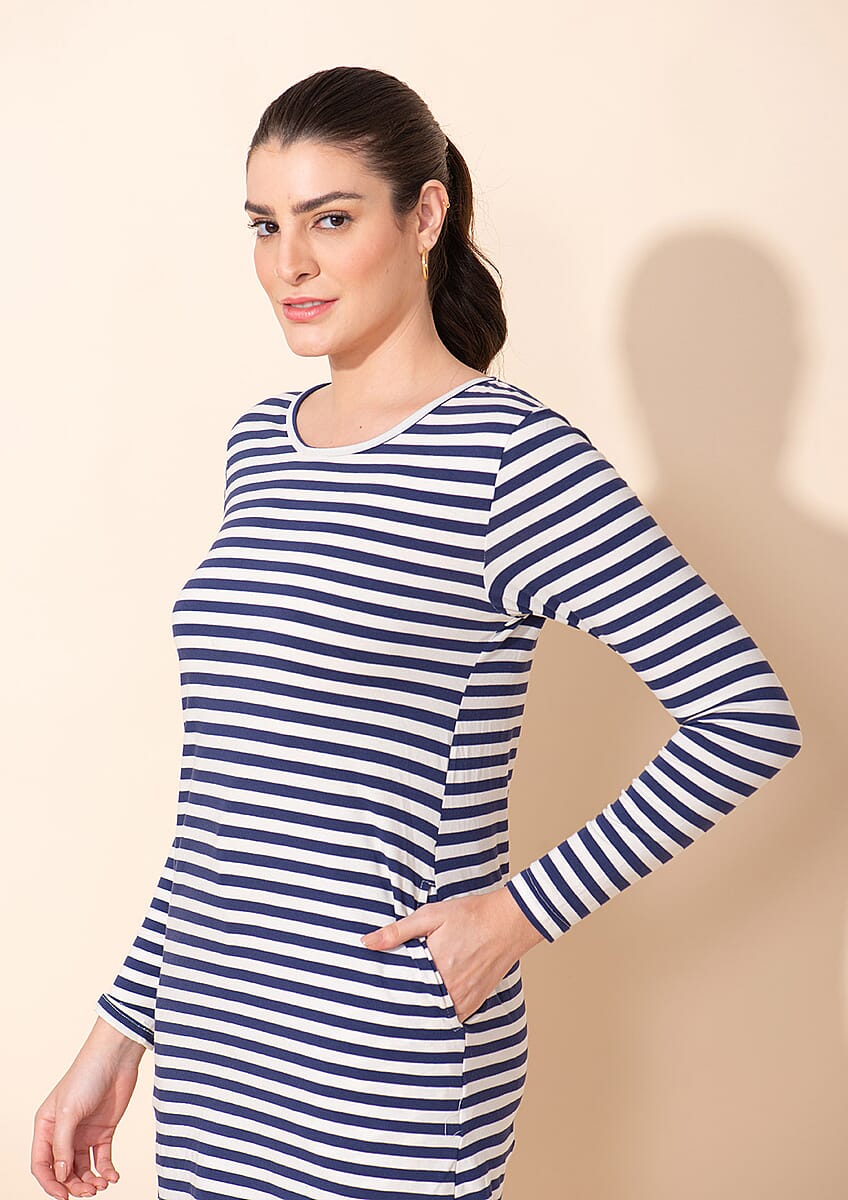 Tamsy Blue Stripe Pattern Cotton Knitted Ladies Top - 1X image number 4