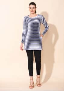 Tamsy Blue Stripe Pattern Cotton and Lycra Knitted Ladies Top - 2X