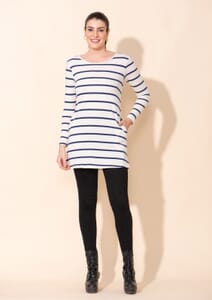 Tamsy White Stripe Pattern Cotton Knitted Ladies Top - XL