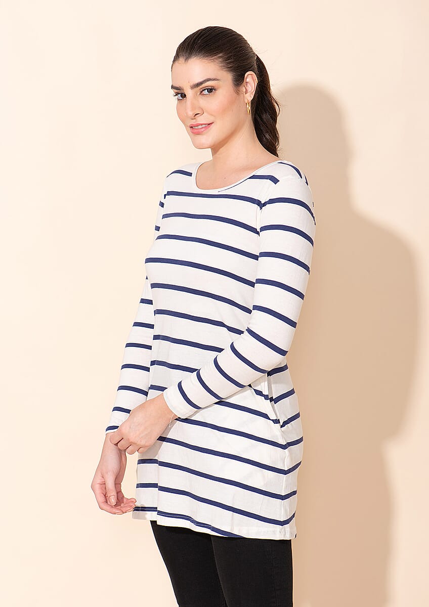 Tamsy White Stripe Pattern Cotton Knitted Ladies Top - 1X image number 3
