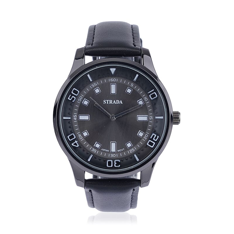 Strada Japanese Movement Watch with Black Faux Leather Band (7.0-8.50 Inches) (43mm)