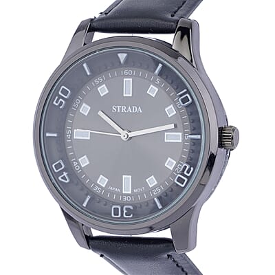 Strada Japanese Movement Watch with Black Faux Leather Band (7.0-8.50 Inches) (43mm)