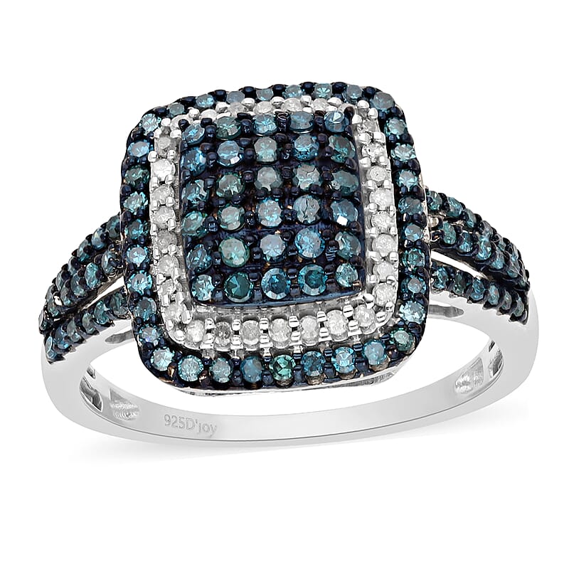 Blue Diamond and Diamond Cluster Ring in Rhodium and Platinum Over Sterling Silver (Size 10.0) 1.00 ctw