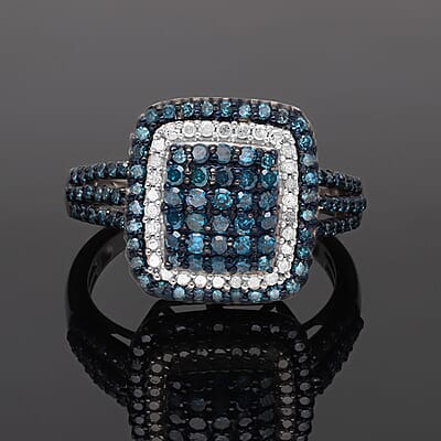 Blue Diamond and Diamond Cluster Ring in Rhodium and Platinum Over Sterling Silver (Size 10.0) 1.00 ctw