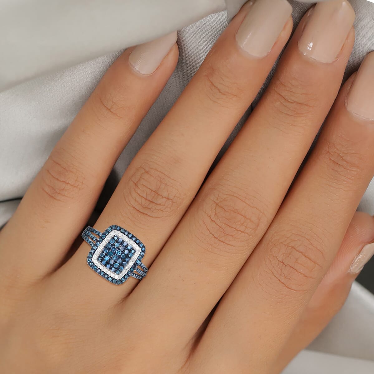 DOORBUSTER Blue Diamond (IR), Diamond Cluster Ring in Rhodium and Platinum Over Sterling Silver 1.00 ctw image number 2