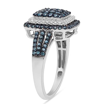 Blue Diamond and Diamond Cluster Ring in Rhodium and Platinum Over Sterling Silver (Size 10.0) 1.00 ctw