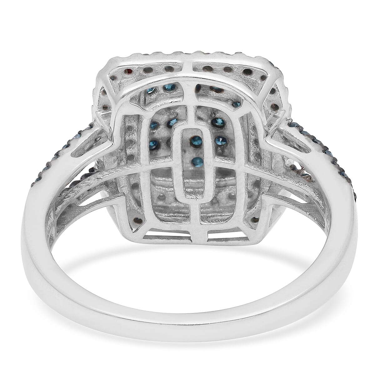 Blue Diamond and Diamond Cluster Ring in Rhodium and Platinum Over Sterling Silver (Size 10.0) 1.00 ctw