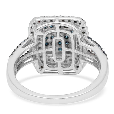 Blue Diamond and Diamond Cluster Ring in Rhodium and Platinum Over Sterling Silver (Size 10.0) 1.00 ctw