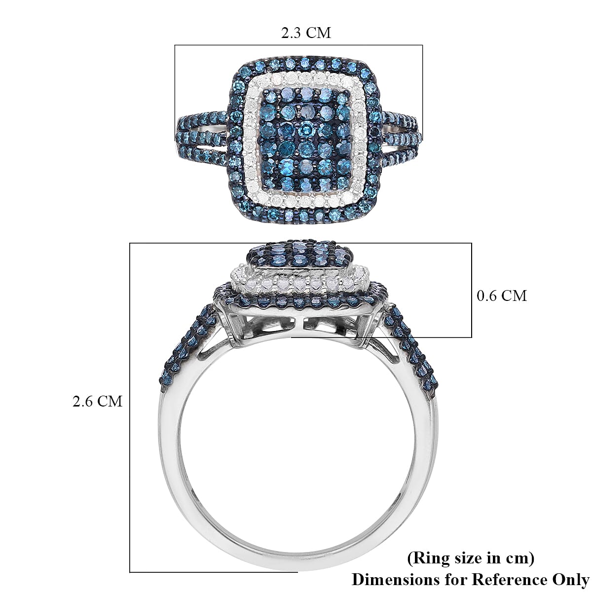 Blue Diamond and Diamond Cluster Ring in Rhodium and Platinum Over Sterling Silver (Size 10.0) 1.00 ctw