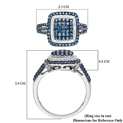 Blue Diamond and Diamond Cluster Ring in Rhodium and Platinum Over Sterling Silver (Size 10.0) 1.00 ctw