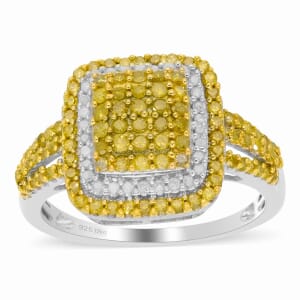 Yellow Diamond and Diamond Cluster Ring in Rhodium and Platinum Over Sterling Silver (Size 9.0) 1.00 ctw