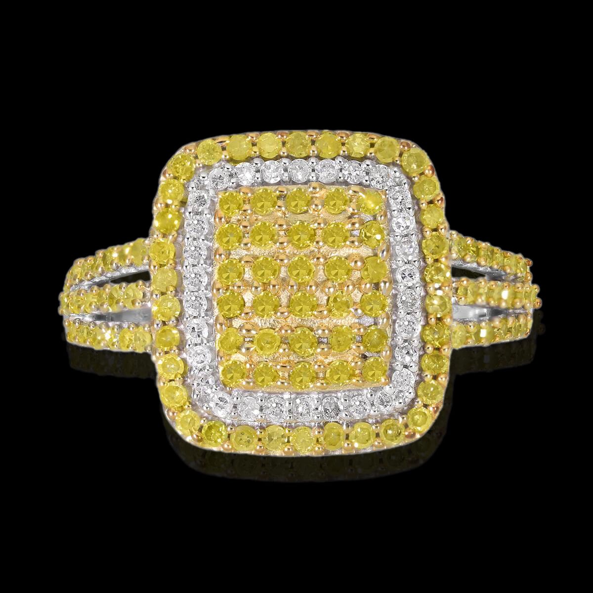 Yellow Diamond and Diamond Cluster Ring in Rhodium and Platinum Over Sterling Silver (Size 9.0) 1.00 ctw image number 1