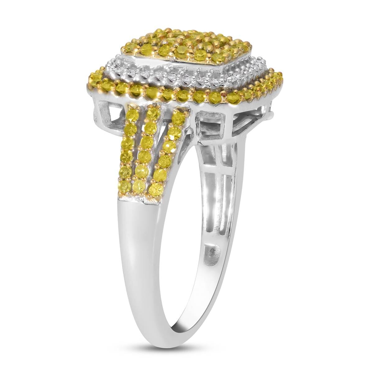 Yellow Diamond and Diamond Cluster Ring in Rhodium and Platinum Over Sterling Silver (Size 9.0) 1.00 ctw image number 3